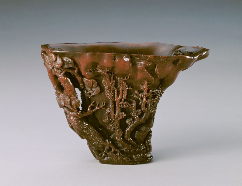 图片[1]-Rhinoceros horn carved landscape figure cup-China Archive